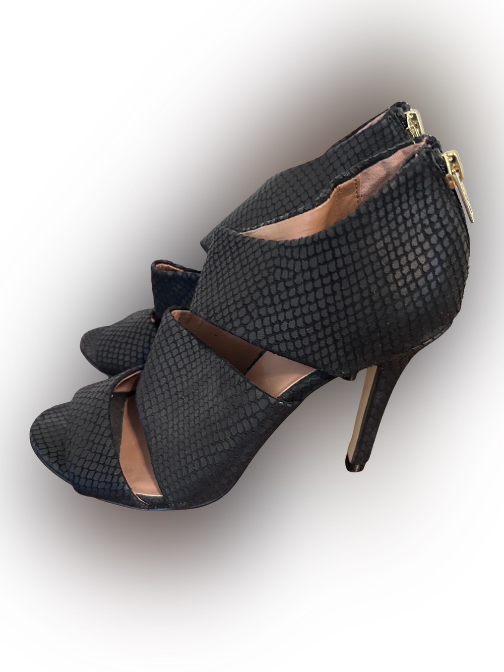 Ava & Aiden Black Textured Crisscross High Heel Sandals Black Snakeskin Sz 8